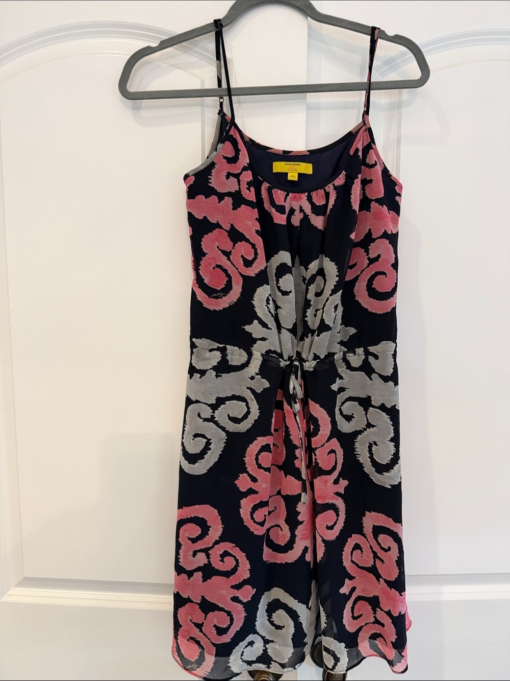 Banana Republic Molly Collection Black Midi Dress with Pink & Gray Scroll Print